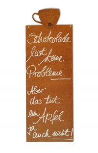 Rostiges Schild mit Spruch Kaffeetasse L schmal / Apfel vs. Schokolade