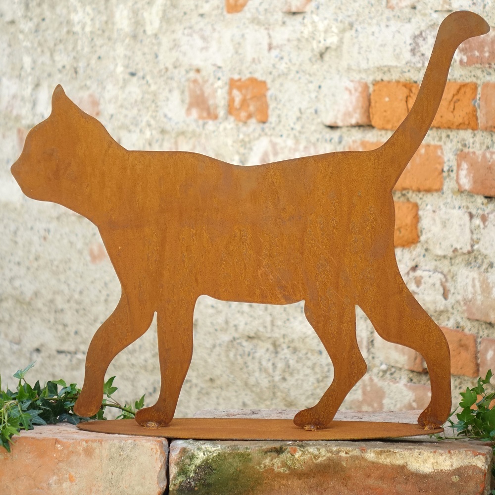 Metallfigur Gartendeko Tierfigur Figur Katze auf Platte Metall Edelrost Objekt 