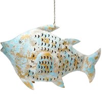 Metall Fisch Laterne XXL gold weiß blau Metall Fisch Laterne XXL gold weiß blau