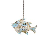 Metall Fisch Laterne weiß-gold mit blau