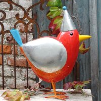 Metall Vogel "Rico" XXL rot mit Mütze H52 cm