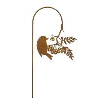 Edelrost Gartenstecker Vogel pickend an Goldbeerenast H 118 cm