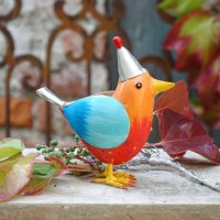 Metall Vogel "Rico" orange mit Mütze H17 cm